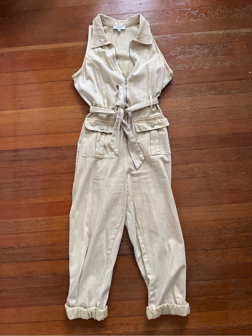 Gilli Neutral Beige Sleeveless Utility Jumpsuit with Tie Waist